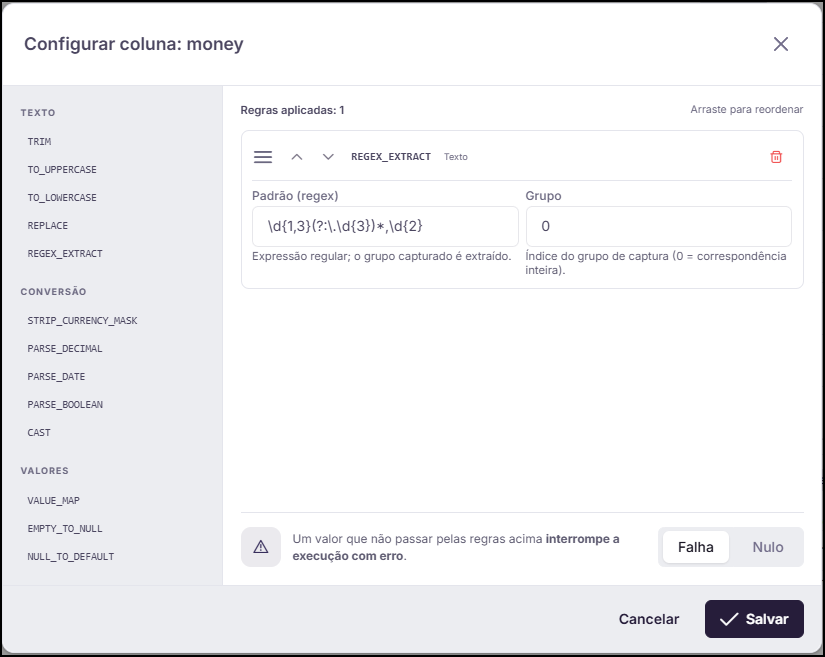 Januss screen for configuring a column: the list of thirteen conversion rules on the left, one rule applied and, at the foot, the choice between failing the run or writing null
